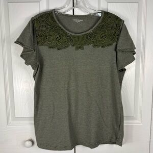 Laura Scott Women's Floral Lace and Stripe Top Green Large